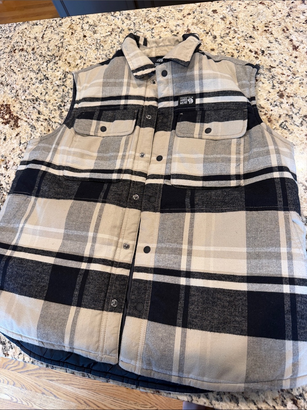 Mountain Hardwear Plaid Insulated Sleeveless Vest in Beige, Black and Gray